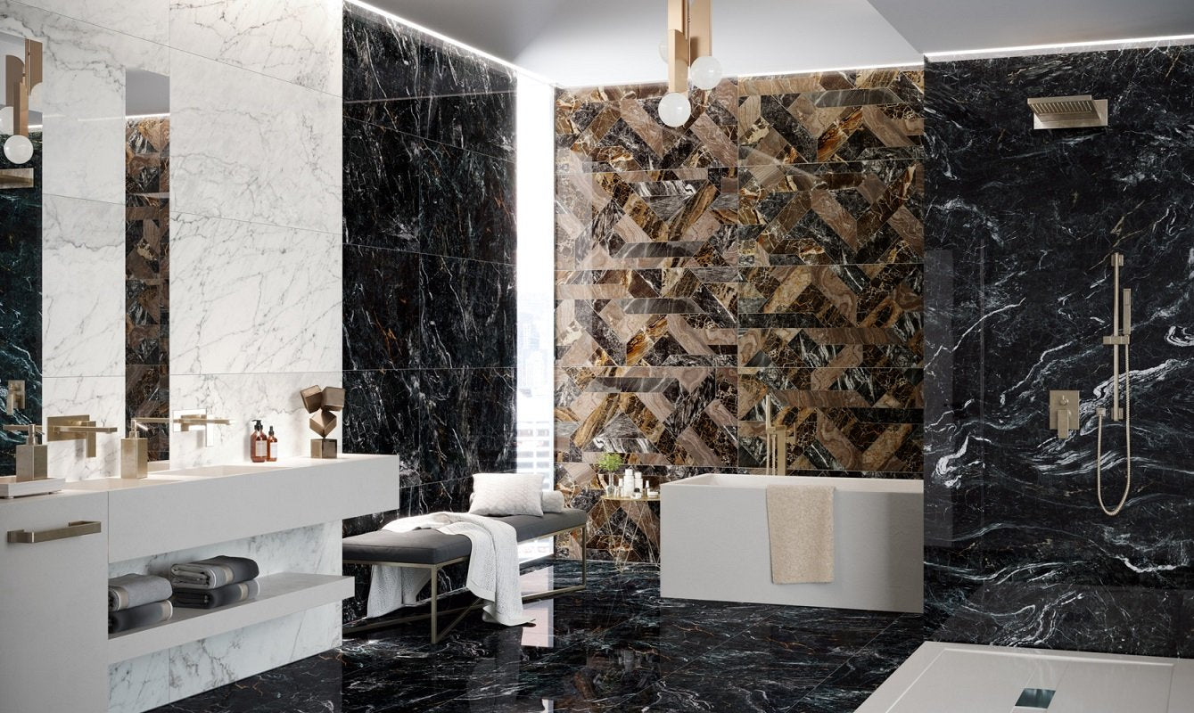 Rivestimento 60x120 decoro effetto marmo rettificato 7 mm posata in ambiente arredato, dettaglio della venatura