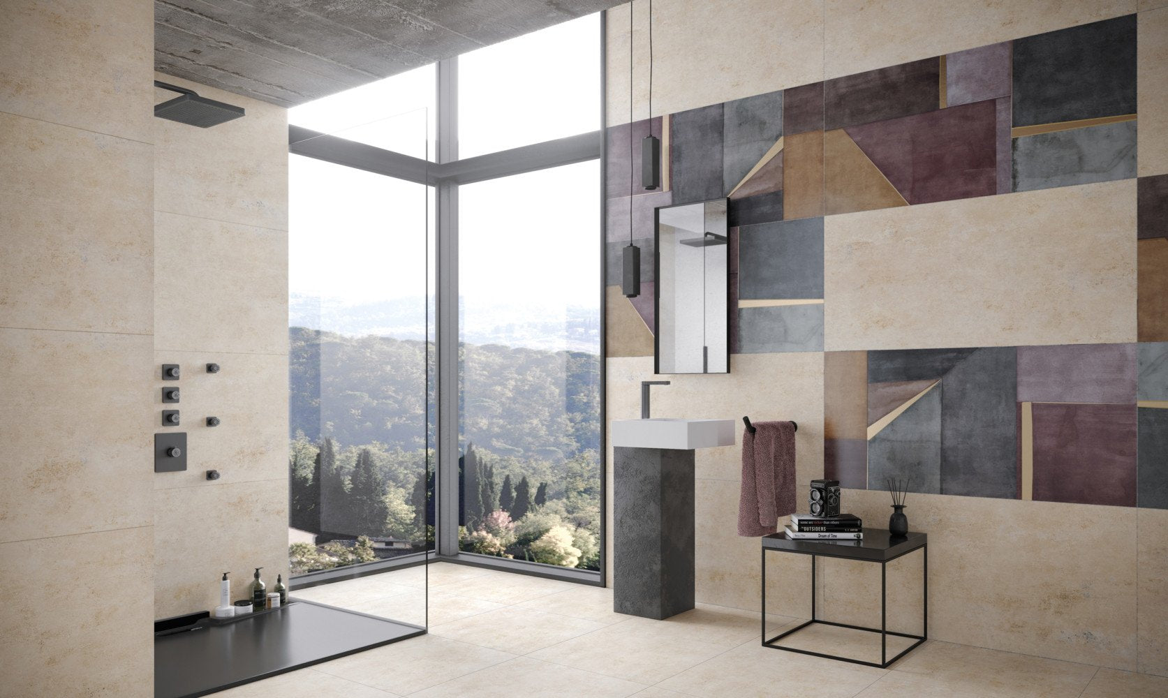 Pavimento Rivestimento 60x60 rettificato 7 mm in gres fine posata in ambiente arredato, dettaglio della venatura