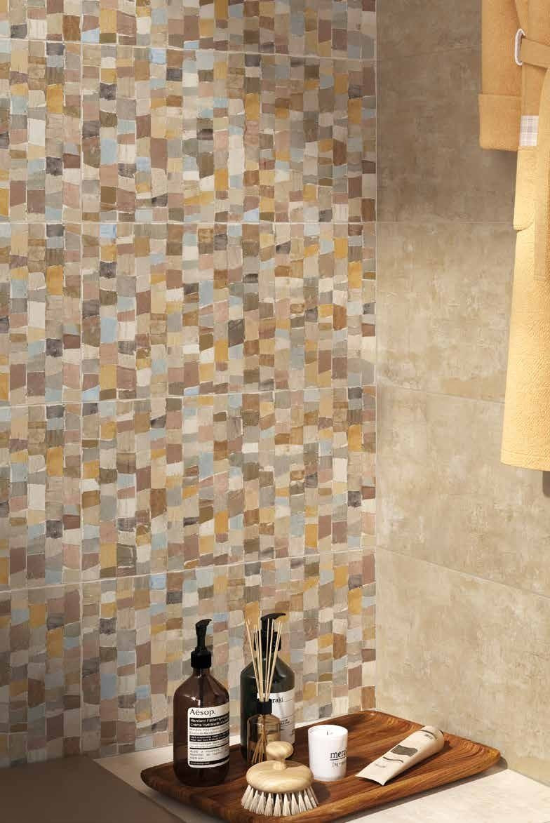 Rivestimento decoro 30x60 in gres fine porcellanato 7 mm Terra posata in ambiente arredato, dettaglio della venatura