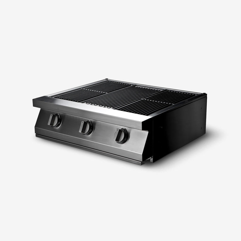 Palazzetti Romeo 70 grill a gas extralarge one touch con 3 Acciaio in acciaio inox accesa in soggiorno, fiamma visibile...