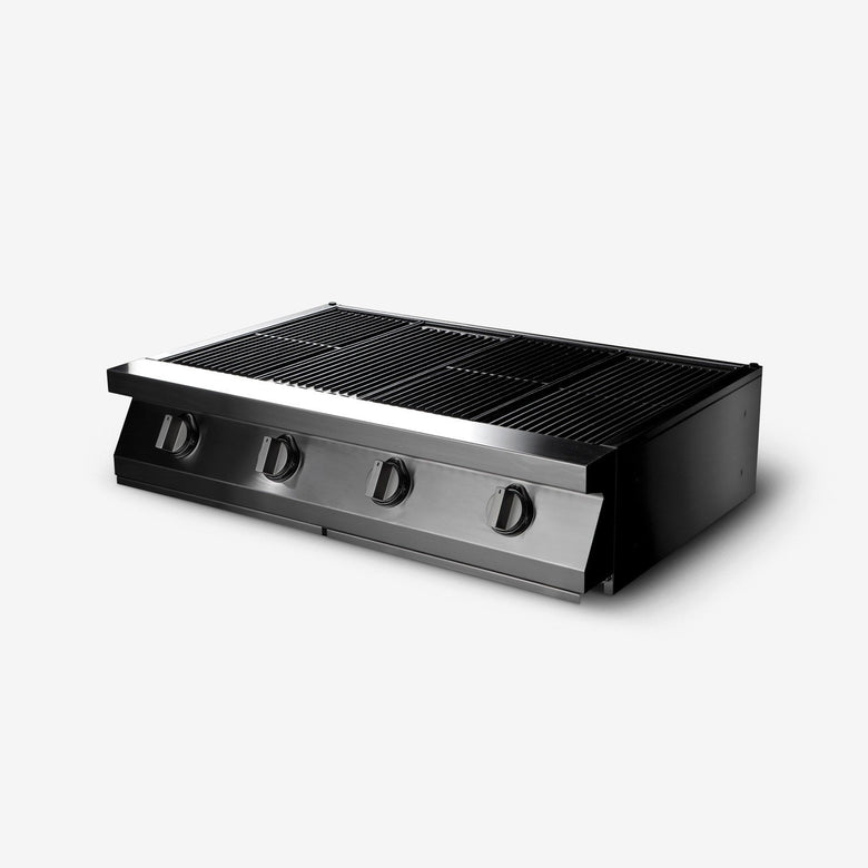 Palazzetti Romeo 90 grill a gas extralarge one touch con 4 Acciaio in acciaio inox accesa in soggiorno, fiamma visibile...