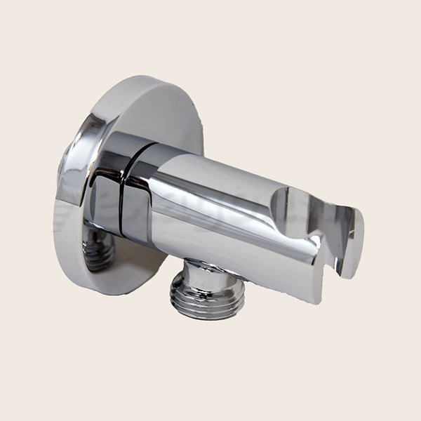 Supporto Con Presa Acqua Tonda Ottone Cromato Cromo, vista frontale della maniglia e della bocca di erogazione - Exagonshop