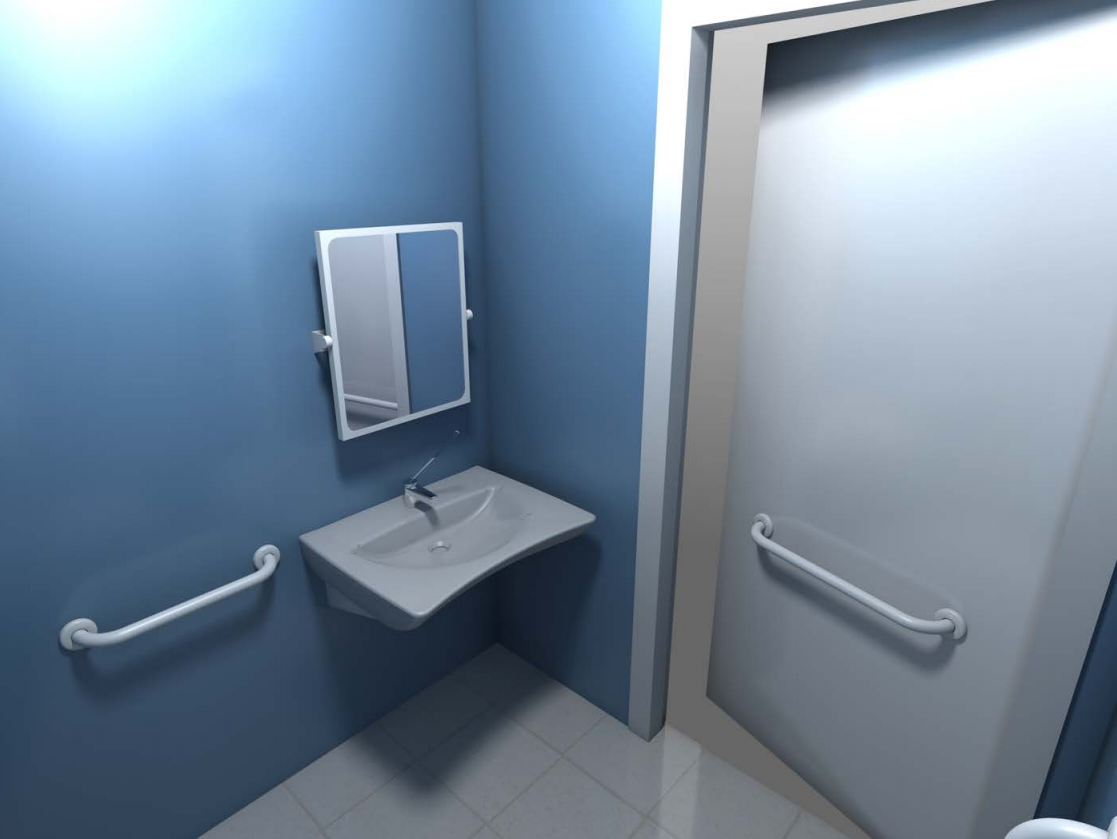 Goman Kit Bagno Disabili completo secondo NORMATIVA 12pz visto dall'alto con scarico e interno visibili