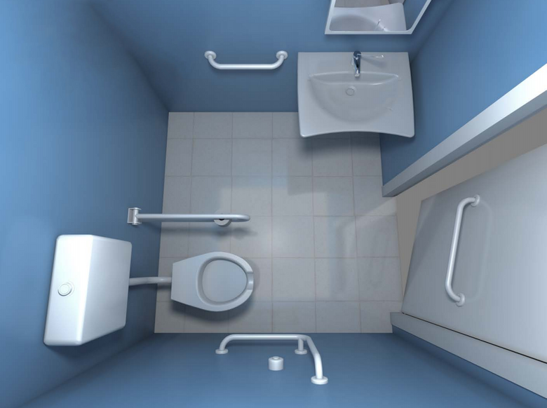 Goman Kit Bagno Disabili completo secondo NORMATIVA 12pz ambientato su piano bagno con accessori