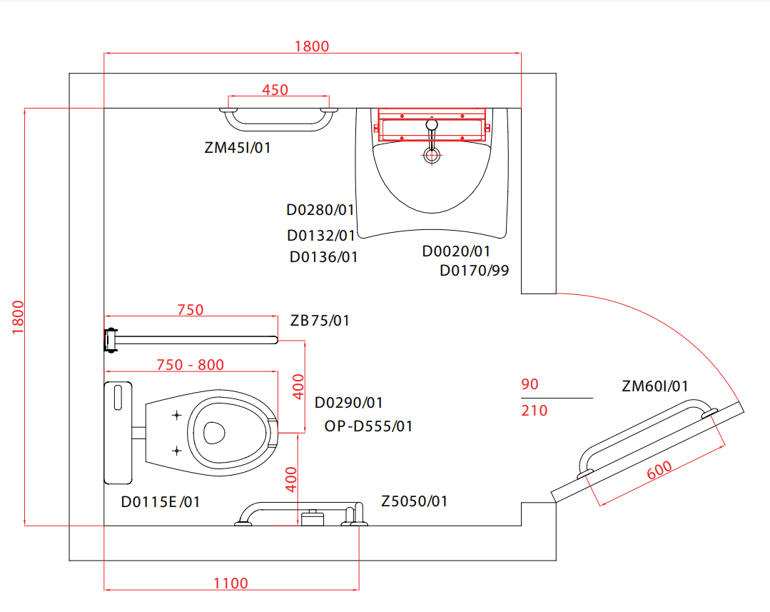 Goman Kit Bagno Disabili completo secondo NORMATIVA 12pz ambientato su piano bagno con accessori