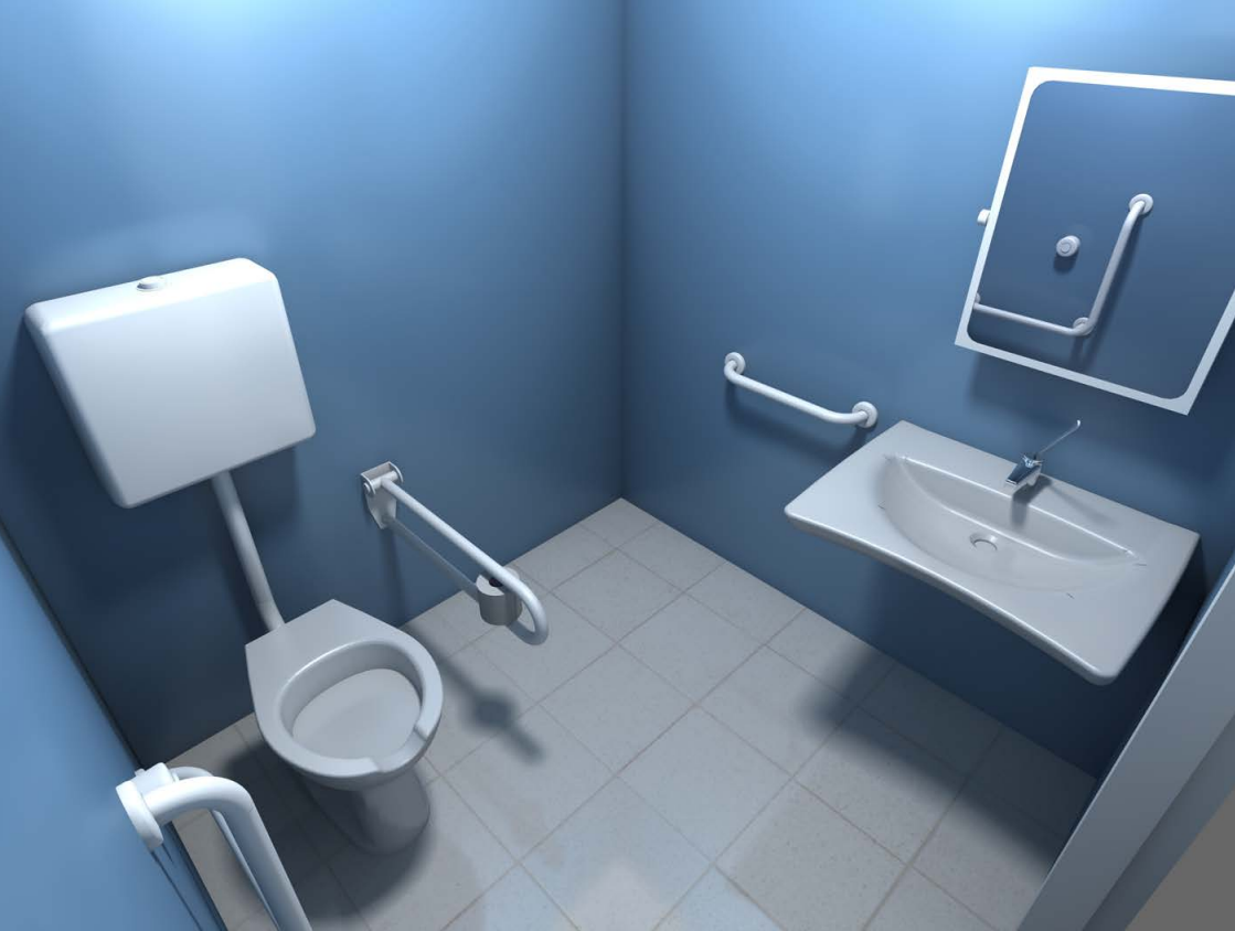 Goman Kit Bagno Disabili completo secondo NORMATIVA 12pz ambientato su piano bagno con accessori