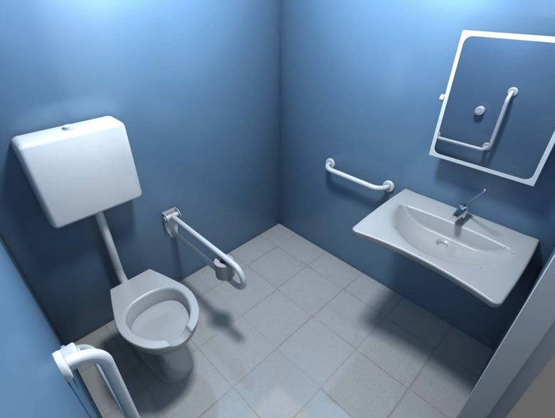 Goman Kit Bagno Disabili completo secondo NORMATIVA 12pz ambientato su piano bagno con accessori
