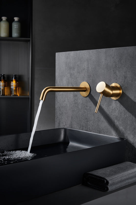 Rubinetto lavabo da incasso a muro monocomando in oro spazzolato Memo