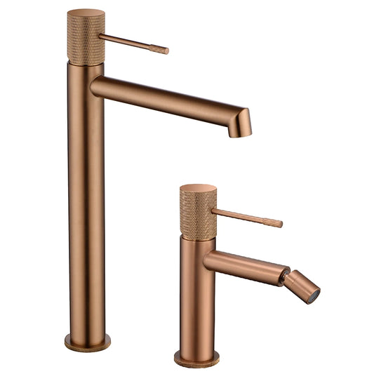 Coppia rubinetti miscelatore lavabo alto e bidet senza scarico oro rosa spazzolato Melin