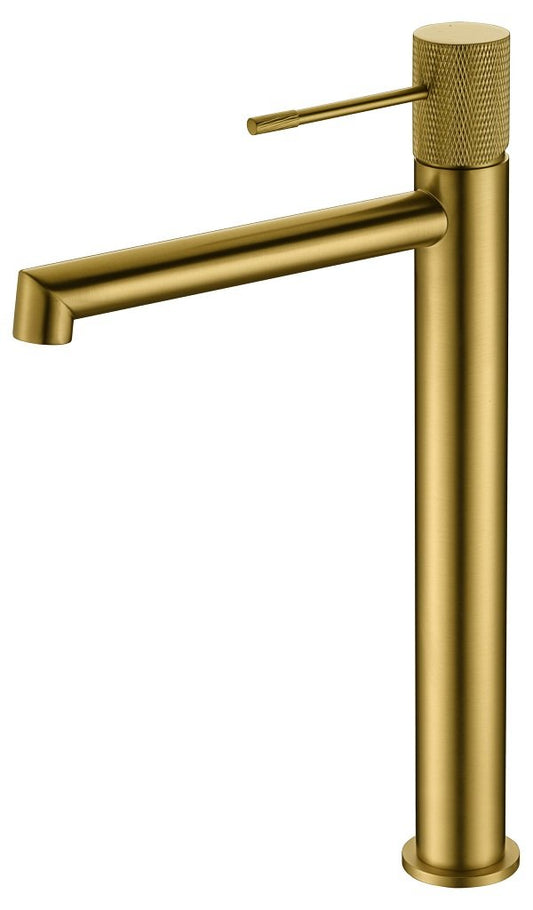 Rubinetto miscelatore alto per lavabo monocomando senza scarico in ottone oro spazzolato Melin