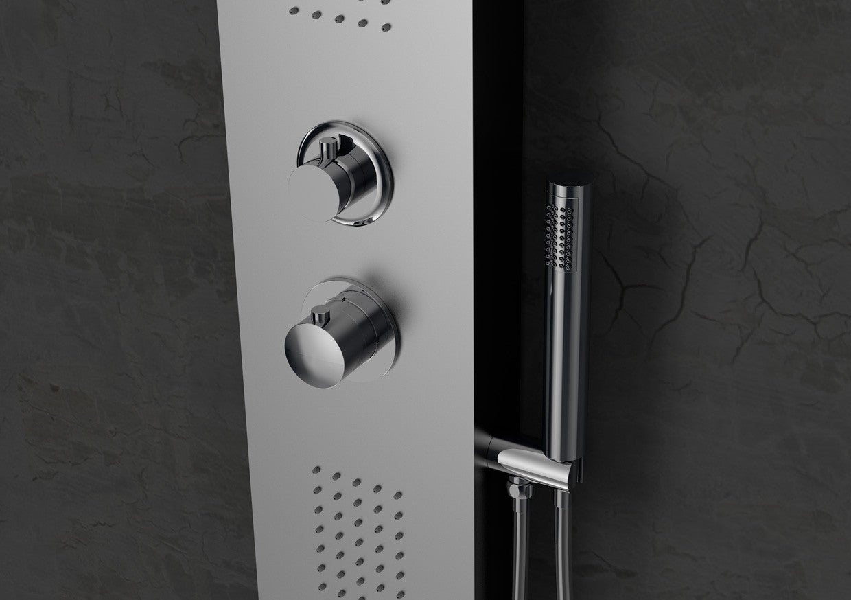 Pannello Doccia 136x20x46 multifunzione con soffione Inox Satinata, componenti inclusi smontati: corpo incasso, placca e...