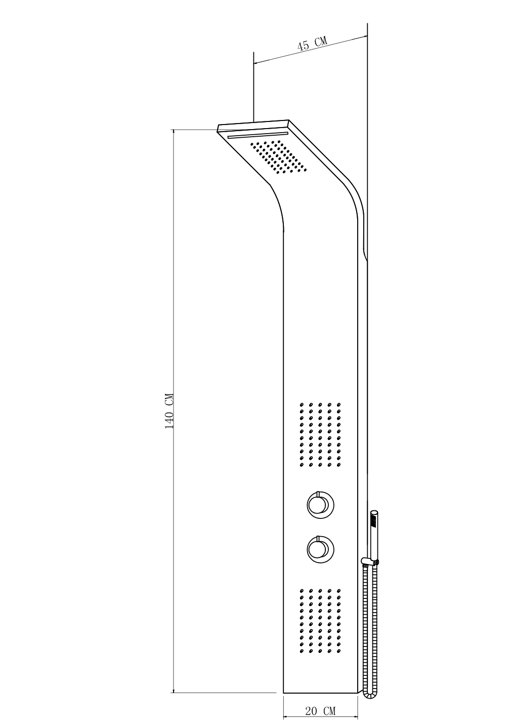 Disegno tecnico con quote di Pannello Doccia 136x20x46 multifunzione con soffione Inox Satinata - Rainbox