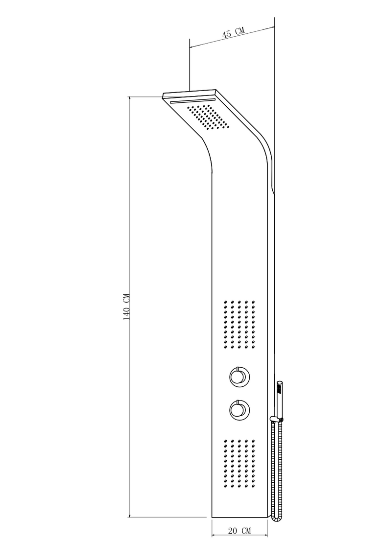 Disegno tecnico con quote di Pannello Doccia 136x20x46 multifunzione con soffione Inox Satinata - Rainbox
