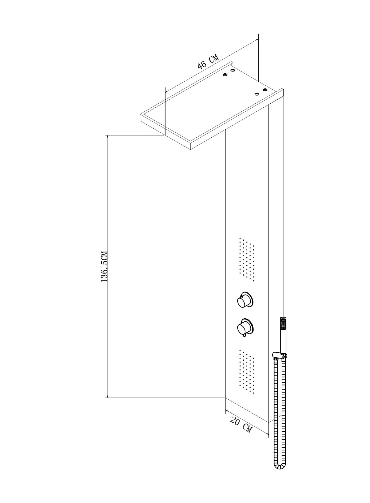 Pannello Doccia 136x20x46 multifunzione con soffione Inox Satinata, vista laterale del profilo - Rainbox