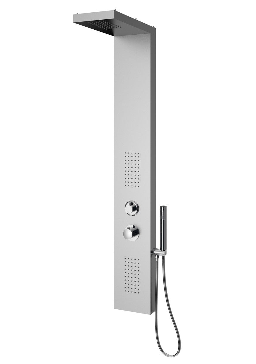 Pannello Doccia 136x20x46 multifunzione con soffione Inox Satinata in satinato, vista frontale della maniglia e della...