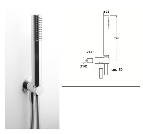 Kit doccia con soffione 30 cm tondo braccio doccetta con flessibile in pvc e presa acqua con supporto in acciaio cromo