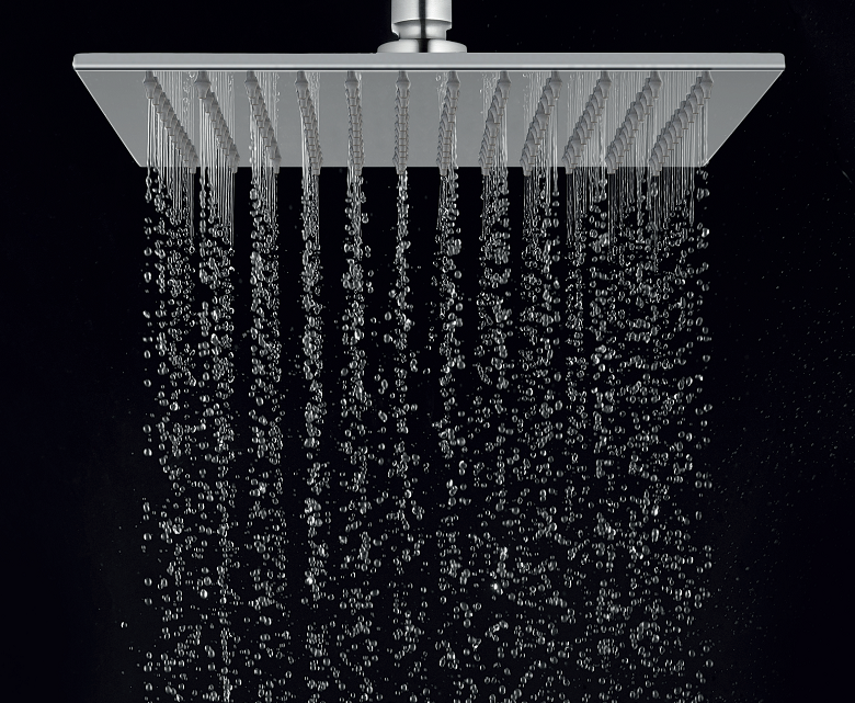 Soffione Doccia 25x25 Slim 2 mm Quadro in Acciaio, dettaglio ravvicinato della finitura e del marchio - Exagonshop