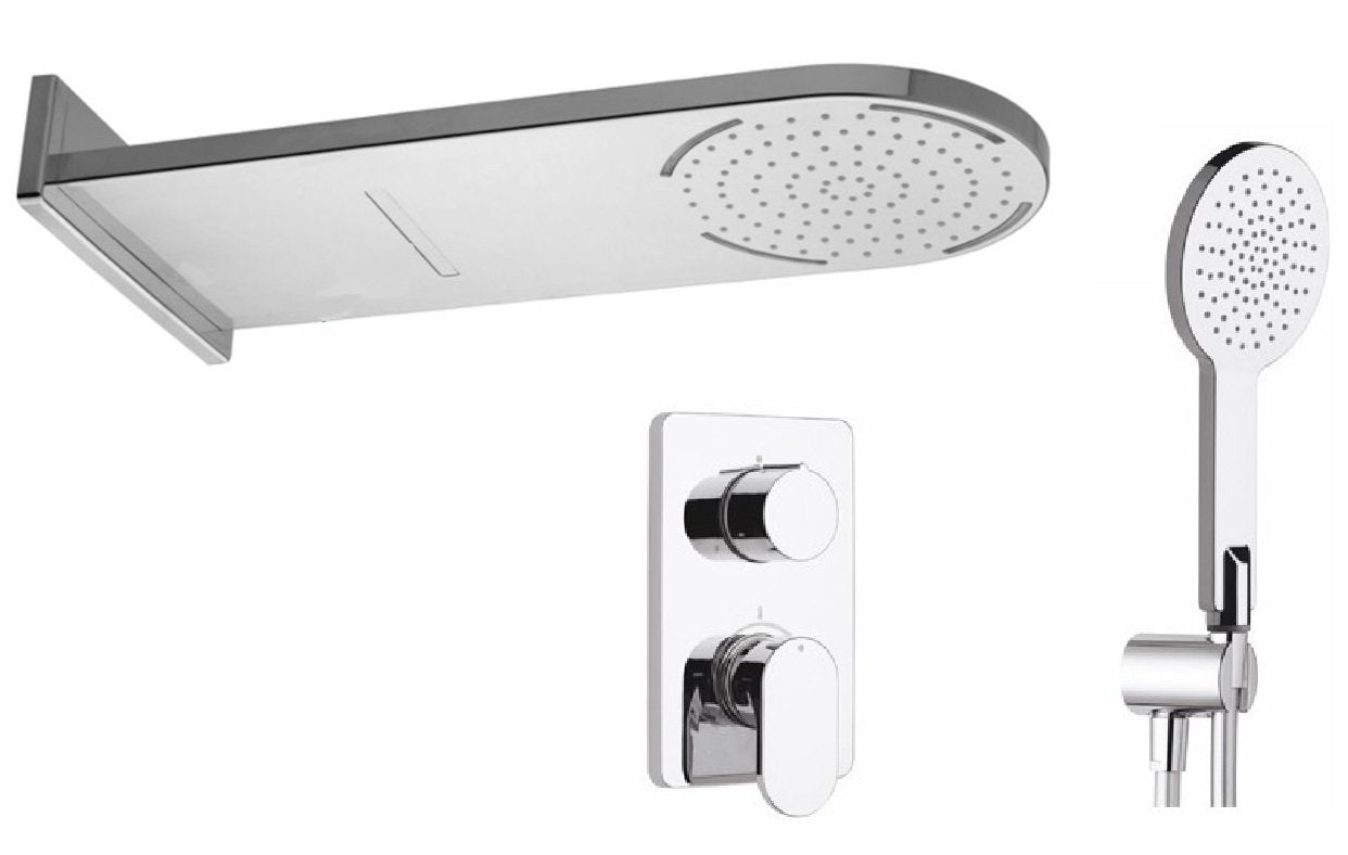 Nikles Piano Duo set doccia con miscelatore soffione slim, vista frontale della maniglia e della bocca di erogazione