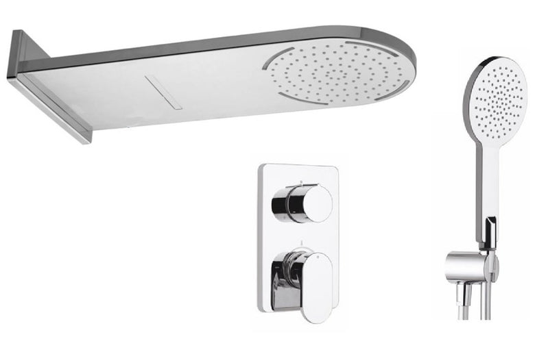 Nikles Piano Duo set doccia con miscelatore soffione slim, vista frontale della maniglia e della bocca di erogazione