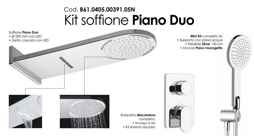 Nikles Piano Duo set doccia con miscelatore soffione slim, dettaglio ravvicinato della finitura e del marchio