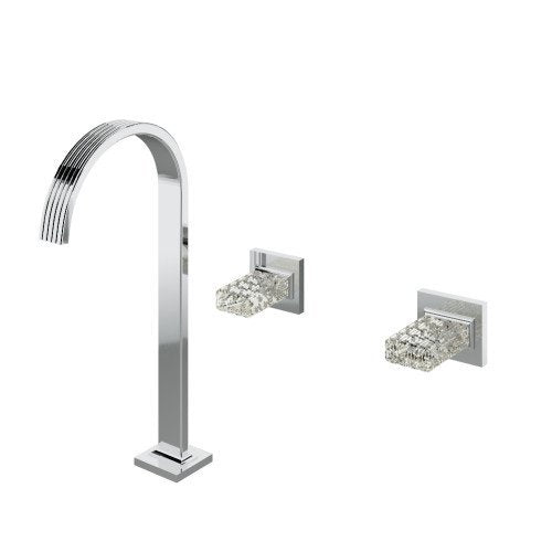 Treemme Kea RWIT7A85CCRO batteria lavabo maniglia in Cromo Lucido in cristallo ambientato su piano bagno con accessori...