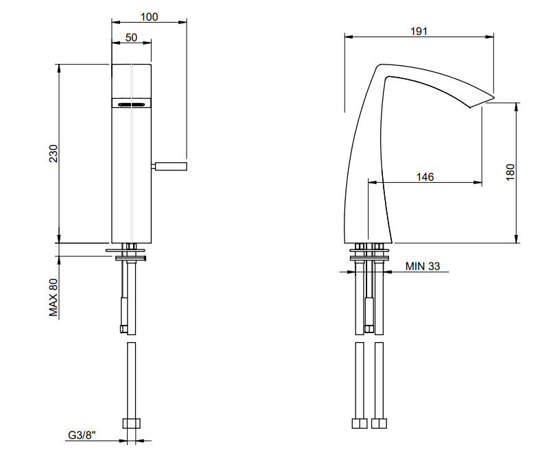Treemme Arche miscelatore lavabo medio 180 mm cromo Cromo Lucido, vista laterale del profilo e della forma - Rubinetterie...
