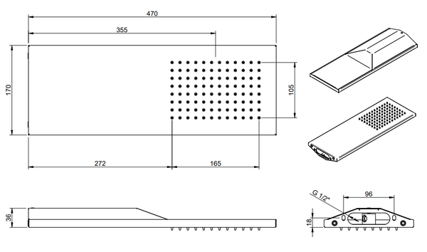 Treemme ITRTBR382IS soffione doccia 74x17 rettangolare a parete solo pioggia inox satinato