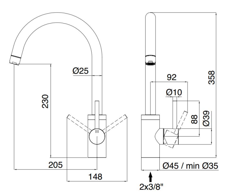 Disegno tecnico con quote di Treemme 40mm IT1332IS40ZZ miscelatore lavello cucina inox Acciaio - Rubinetterie Treemme