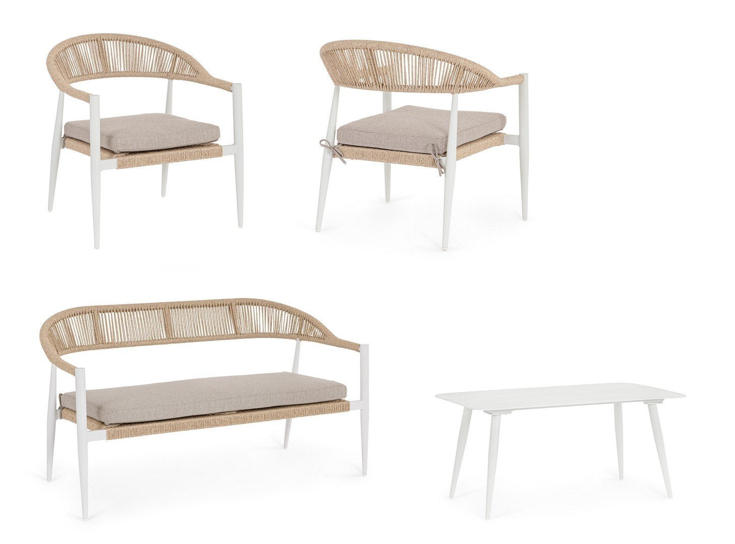 Andrea Bizzotto Jadia salotto ad intreccio bianco beige ambientato in spazio living con arredi coordinati