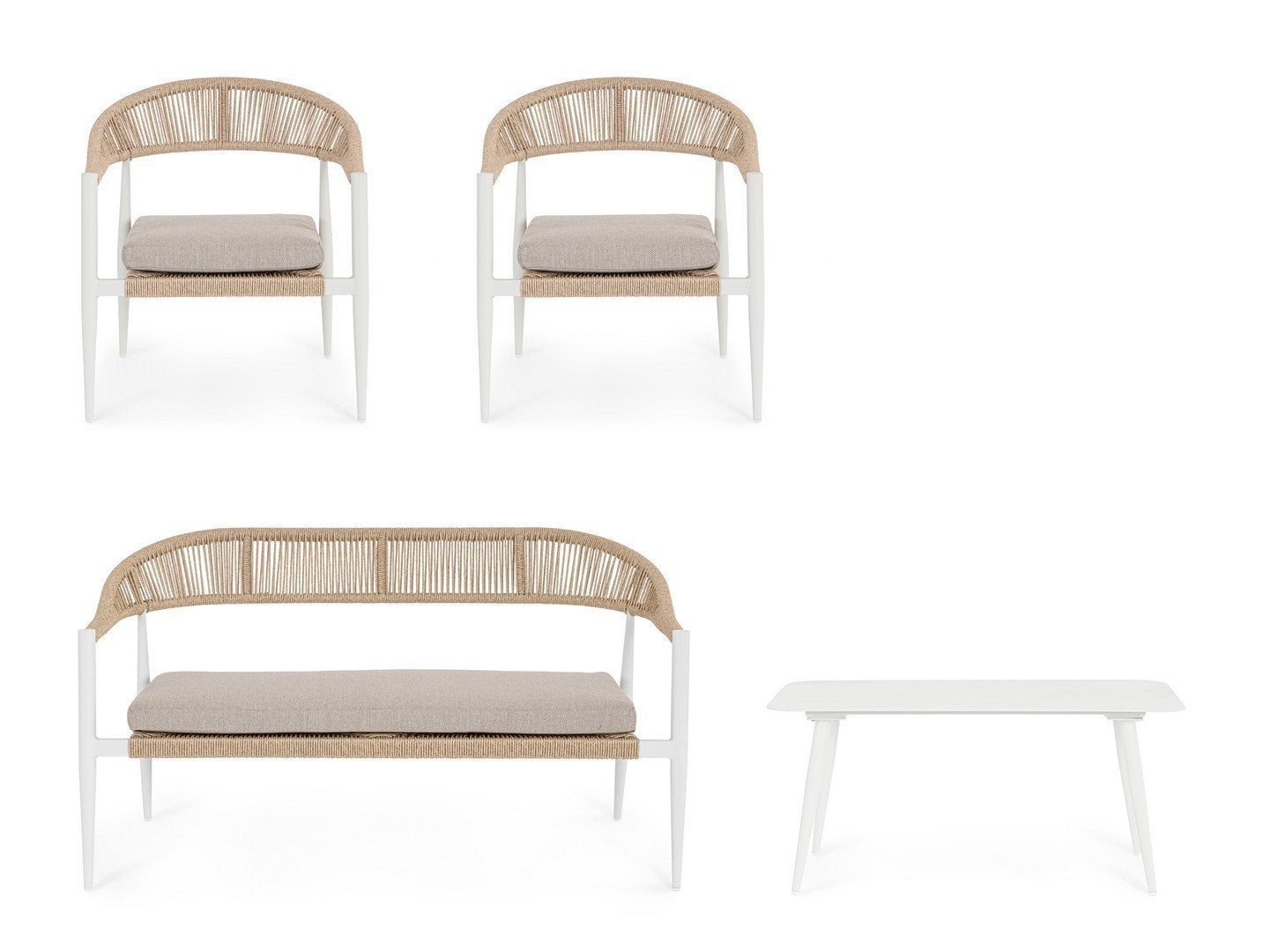 Andrea Bizzotto Jadia salotto ad intreccio bianco beige ambientato in spazio living con arredi coordinati