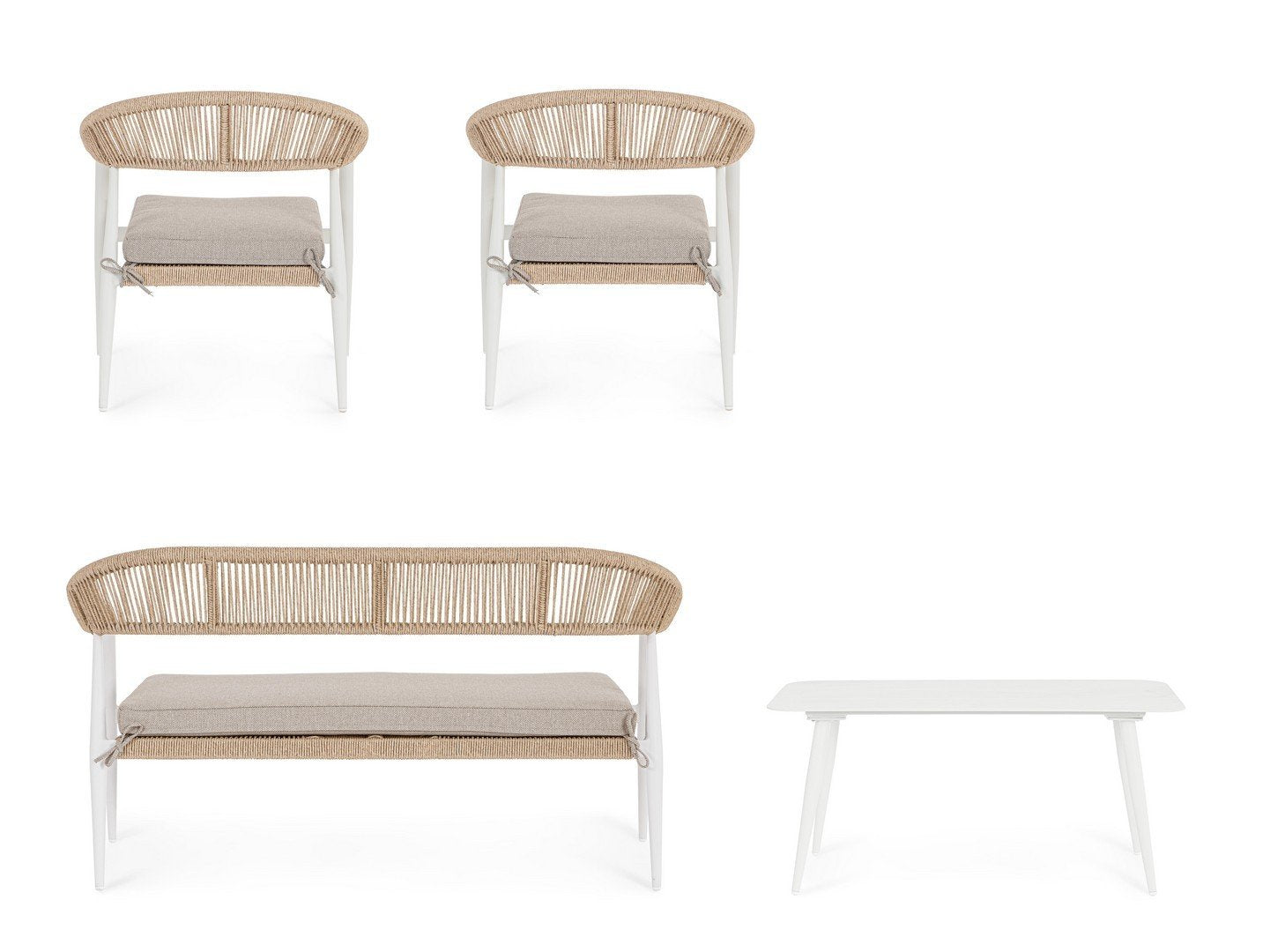 Andrea Bizzotto Jadia salotto ad intreccio bianco beige ambientato in spazio living con arredi coordinati