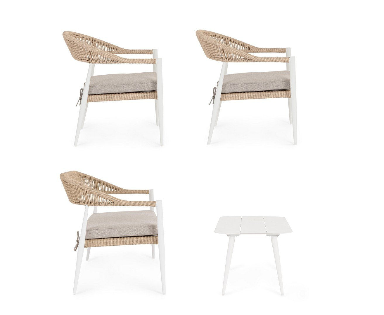Andrea Bizzotto Jadia salotto ad intreccio bianco beige ambientato in spazio living con arredi coordinati