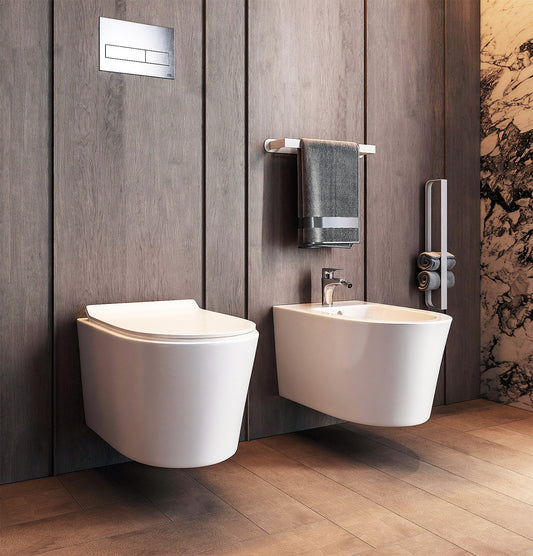 Coppia sanitari sospesi bidet e vaso rimless in ceramica con sedile soft close bianco lucido Linea Esse