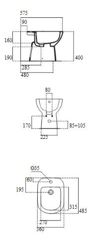 Bidet monoforo 48,5x36 in ceramica bianco europeo Gemma 2, vista laterale del profilo e della forma