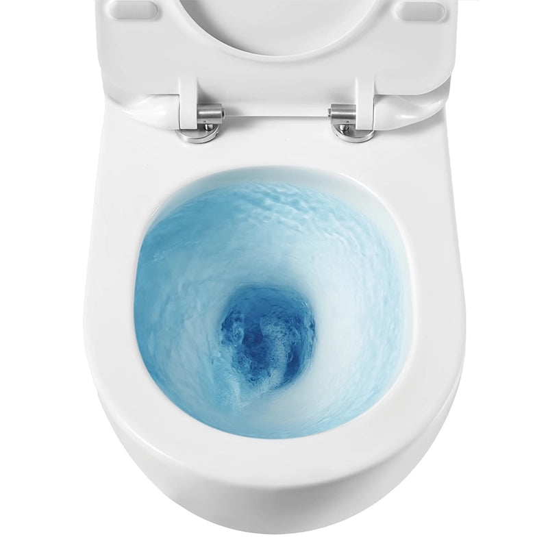 Coppia di sanitari filo muro Linea Emme scarico a vortice Bianco ambientato su piano bagno con accessori - Exagonshop