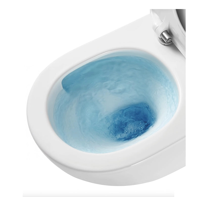 Coppia di sanitari filo muro Linea Emme scarico a vortice Bianco ambientato su piano bagno con accessori - Exagonshop