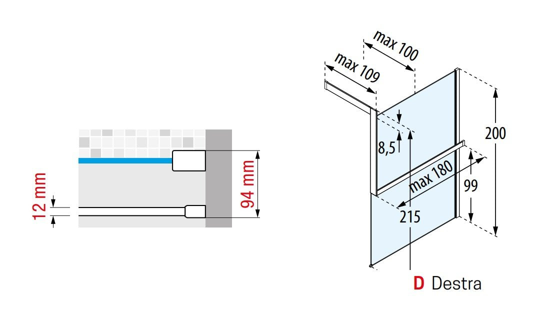 Novellini Kuandra H Parete doccia 117 a 120 cm H 200 nero installato in bagno moderno con ante in vetro temperato