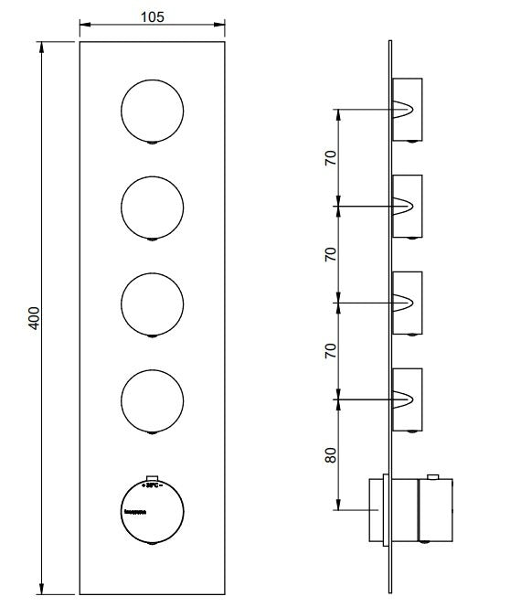 Disegno tecnico con quote di Treemme 3.6 RWIT2597IS31 miscelatore doccia termostatico a Acciaio - Rubinetterie Treemme