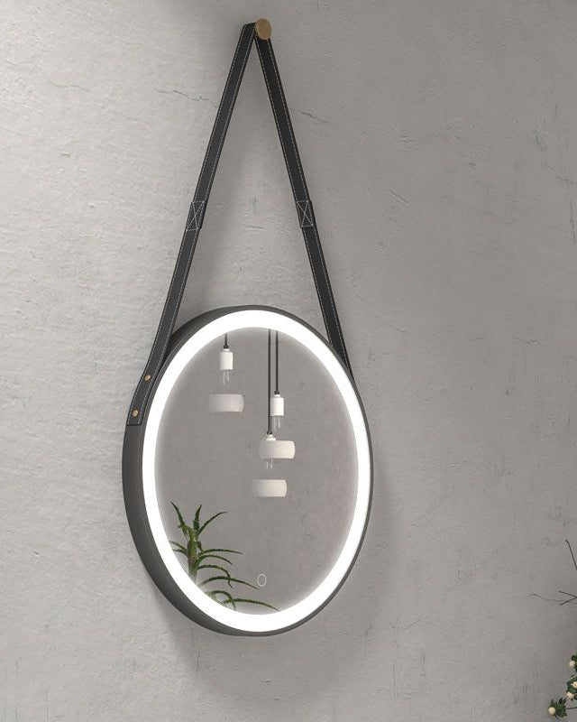 New Line Atollo specchio 50 cm illuminato tondo nero spenta, dettaglio del corpo lampada e dei materiali - Exagonshop