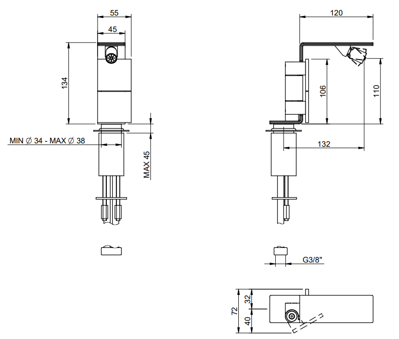 Treemme 5mm IT2524IS5FZZ miscelatore bidet slim in acciaio, vista laterale del profilo - Rubinetterie Treemme