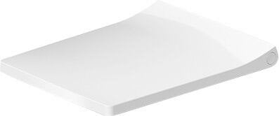 Sedile wc normale quadrato bianco con cerniere in acciaio, vista frontale su sfondo bianco