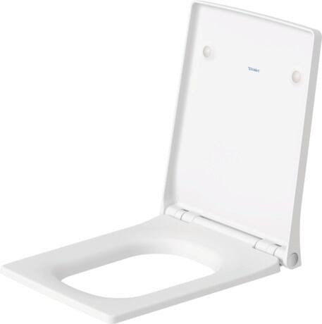 Sedile wc normale quadrato bianco con cerniere in acciaio ambientato su piano bagno con accessori