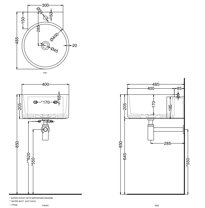 Cielo Sella Lavabo 40x48 Monoforo sospeso Senza Troppopieno Caffellatte, vista frontale su sfondo bianco