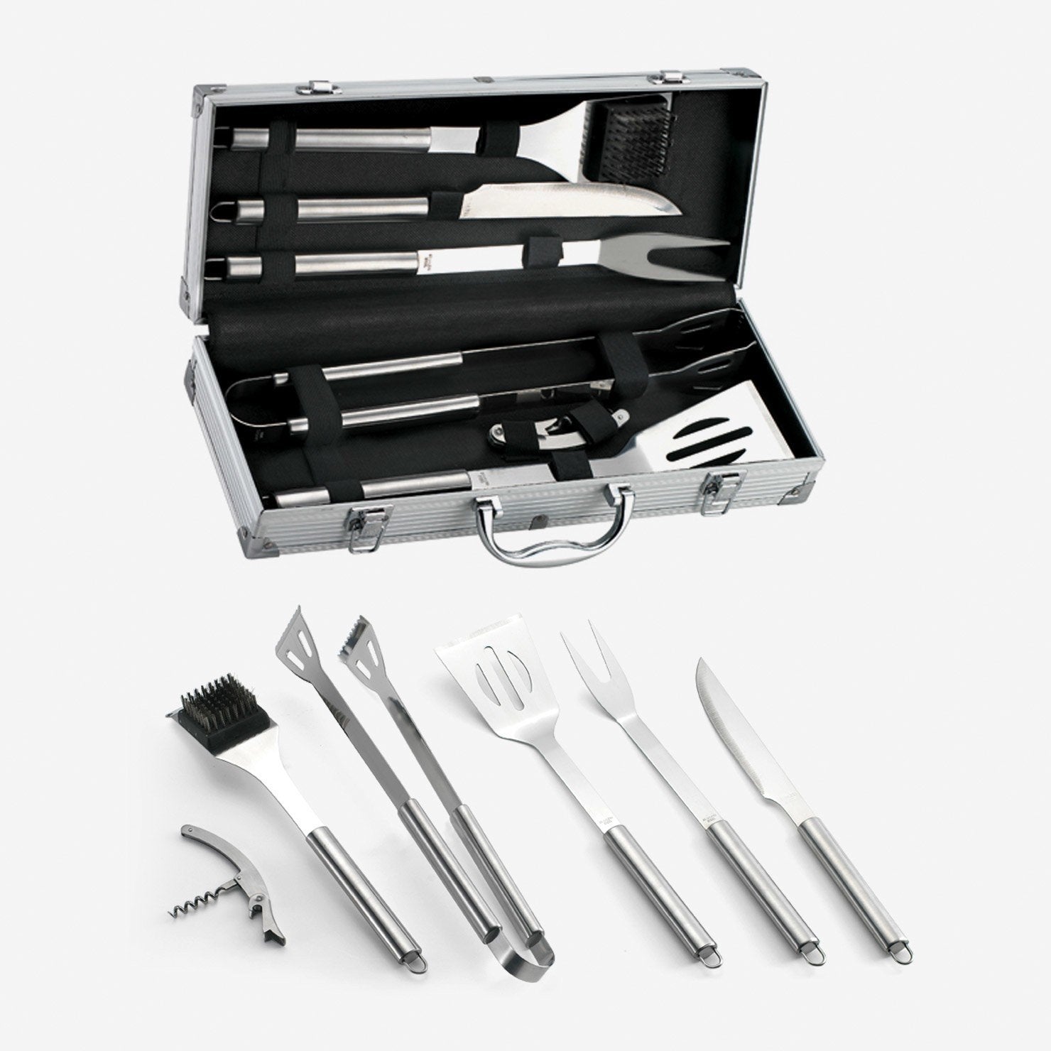 Palazzetti Set utensili barbecue in acciaio 6 pz con in acciaio inox accesa in soggiorno, fiamma visibile attraverso il vetro