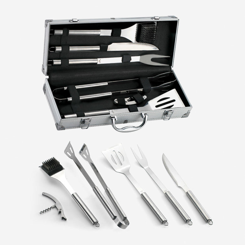 Palazzetti Set utensili barbecue in acciaio 6 pz con in acciaio inox accesa in soggiorno, fiamma visibile attraverso il vetro