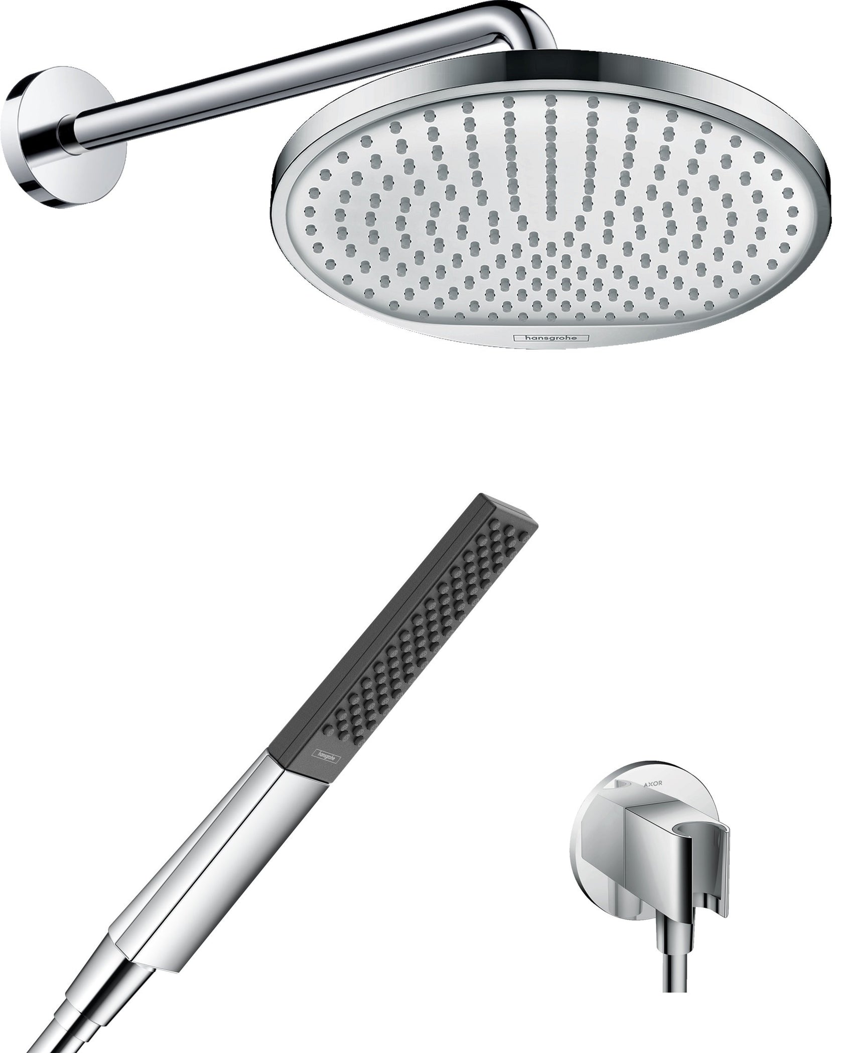 Hansgrohe Crometta Set soffione doccia tondo con braccio Cromo Lucido, dettaglio ravvicinato della finitura e del marchio