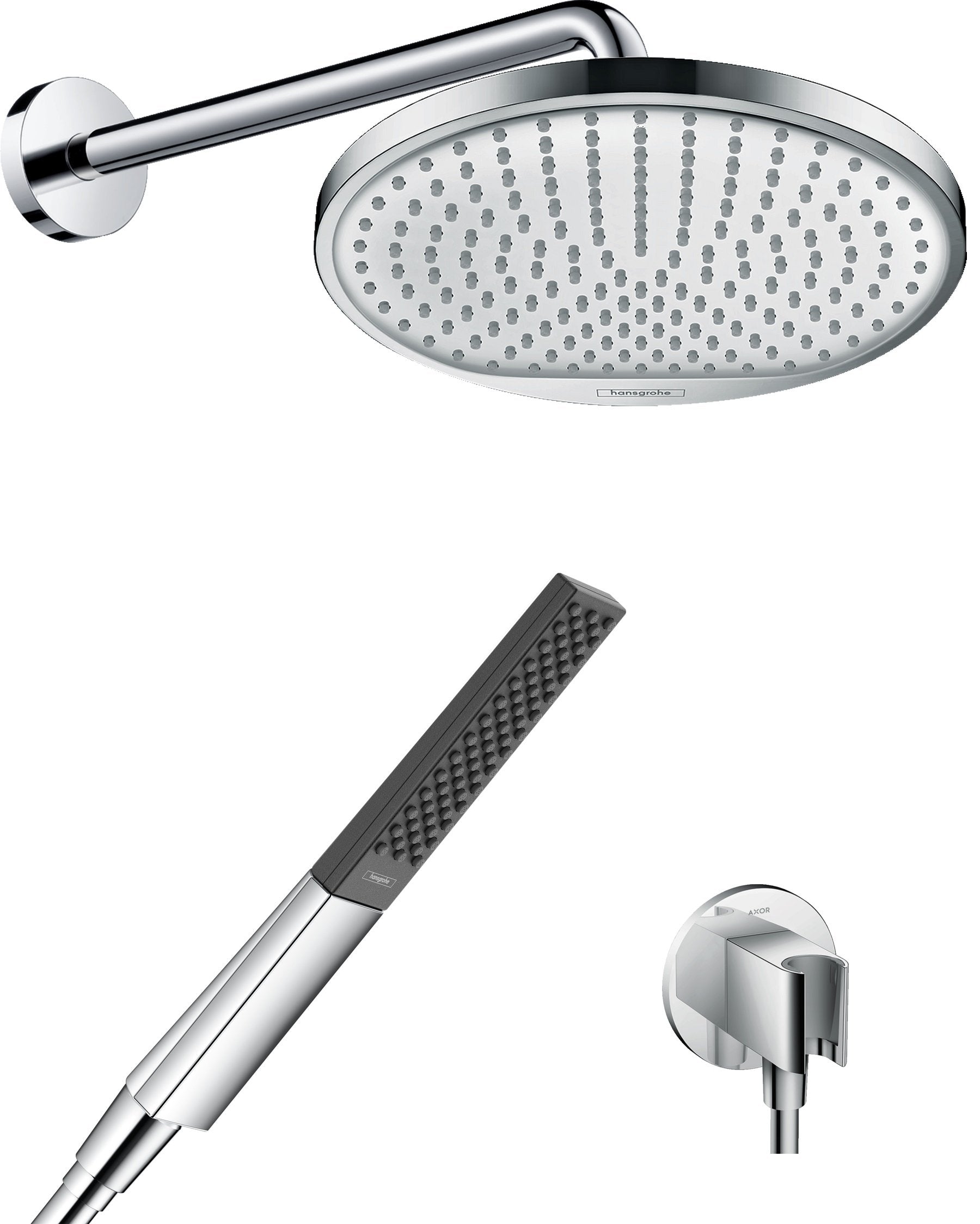 Hansgrohe Crometta Set soffione doccia tondo con braccio Cromo Lucido, dettaglio ravvicinato della finitura e del marchio