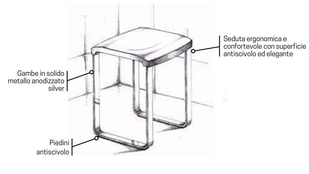 Sgabello bagno nero antiscivolo Novellini SED02Q-H, vista laterale del profilo a muro