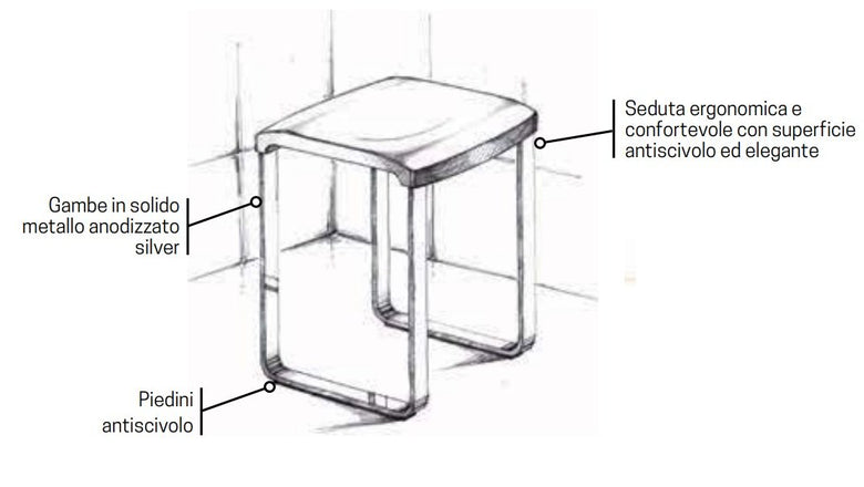 Sgabello bagno nero antiscivolo Novellini SED02Q-H, vista laterale del profilo a muro