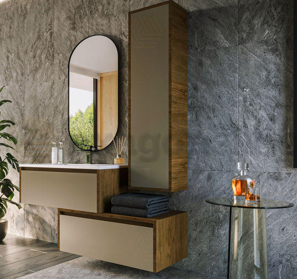 Mobile bagno tortora opaco 80x47 Siena due cassetti con colonna ad anta push&pull e lavabo integrato noce